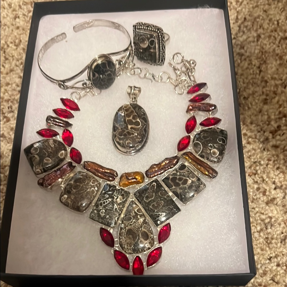 Bold Red and Silver Statement Necklace